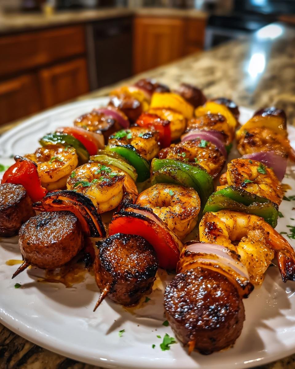 Close-up of perfectly grilled Sausage Grilled Shrimp Kabobs with colorful peppers and onions on a white plate.