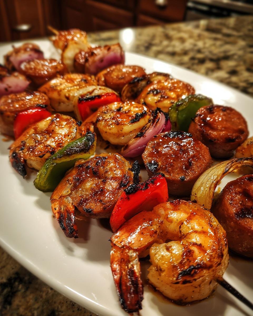 Close-up of perfectly grilled Sausage Grilled Shrimp Kabobs with charred shrimp, sausage, peppers, and onions on a white platter.