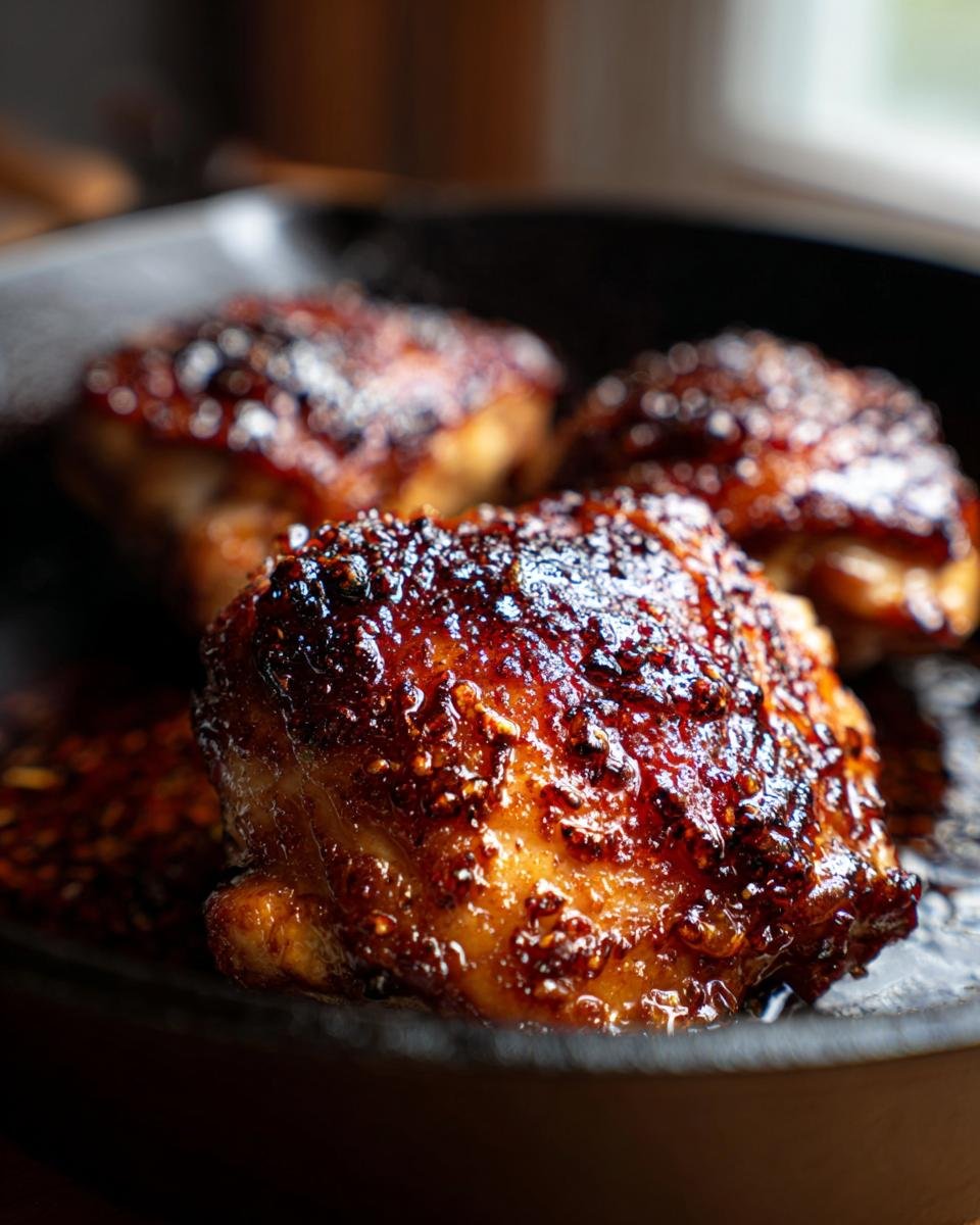 Close-up of three juicy Skillet Honey Garlic Baked Chicken Thighs with a dark, caramelized glaze in a cast iron pan.