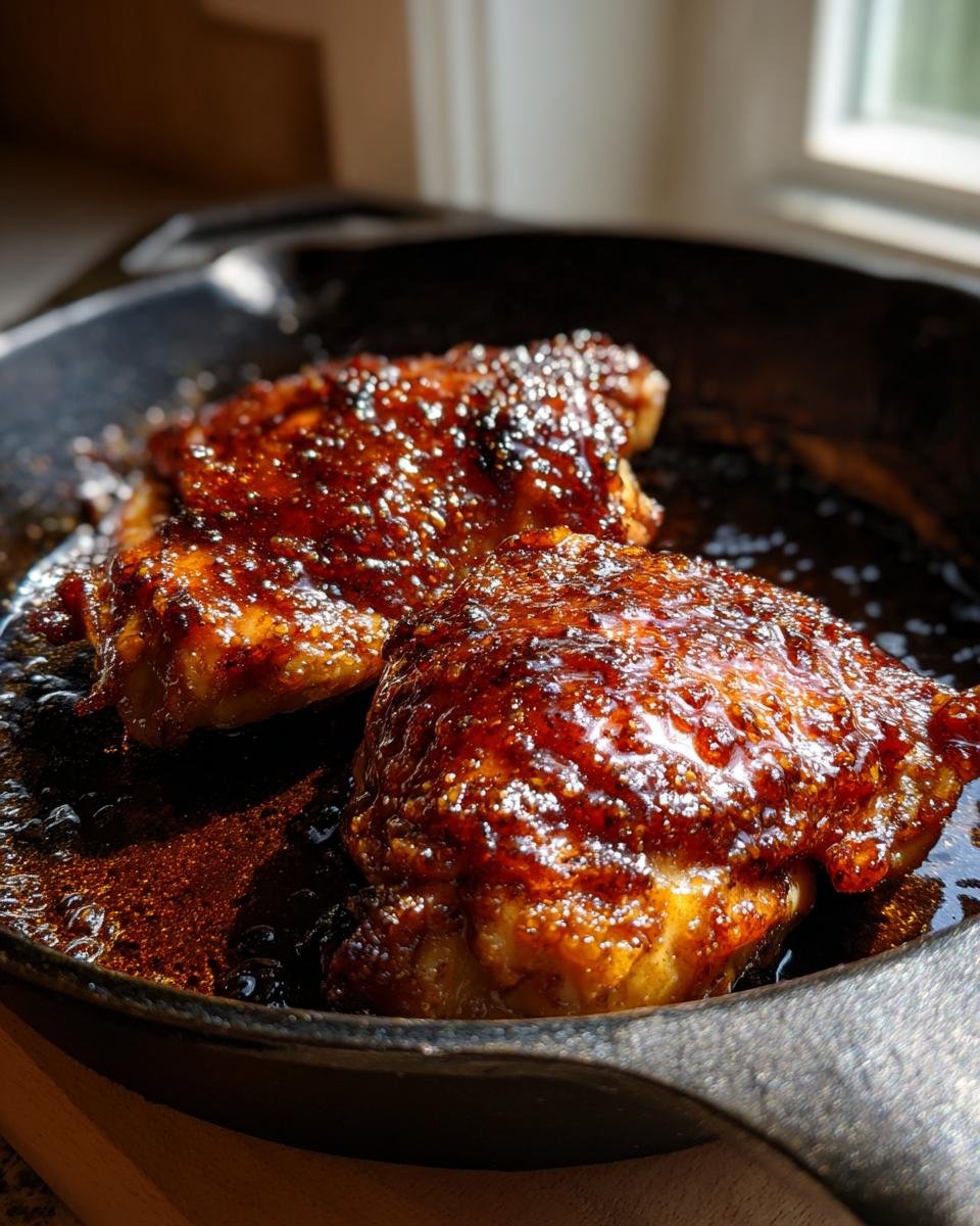 Two glossy, dark glazed Skillet Honey Garlic Baked Chicken Thighs simmering in a cast iron skillet.