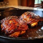 Two perfectly glazed Skillet Honey Garlic Baked Chicken Thighs resting in a cast iron skillet.
