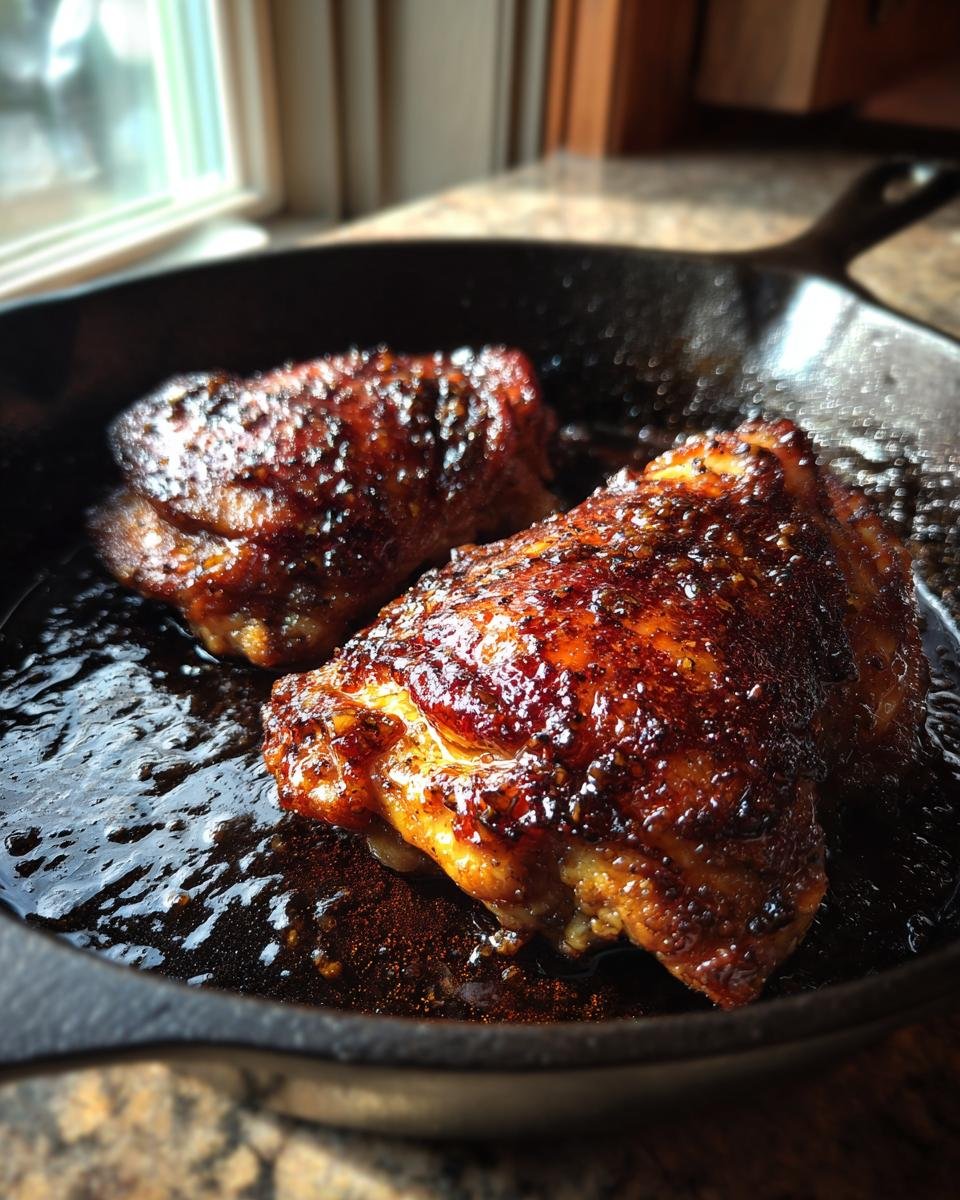 Two glazed, caramelized chicken thighs resting in a dark cast iron skillet after baking.
