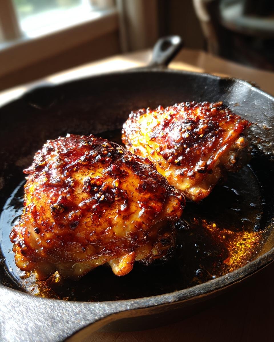 Two glazed Skillet Honey Garlic Baked Chicken Thighs sizzling in a cast iron pan.