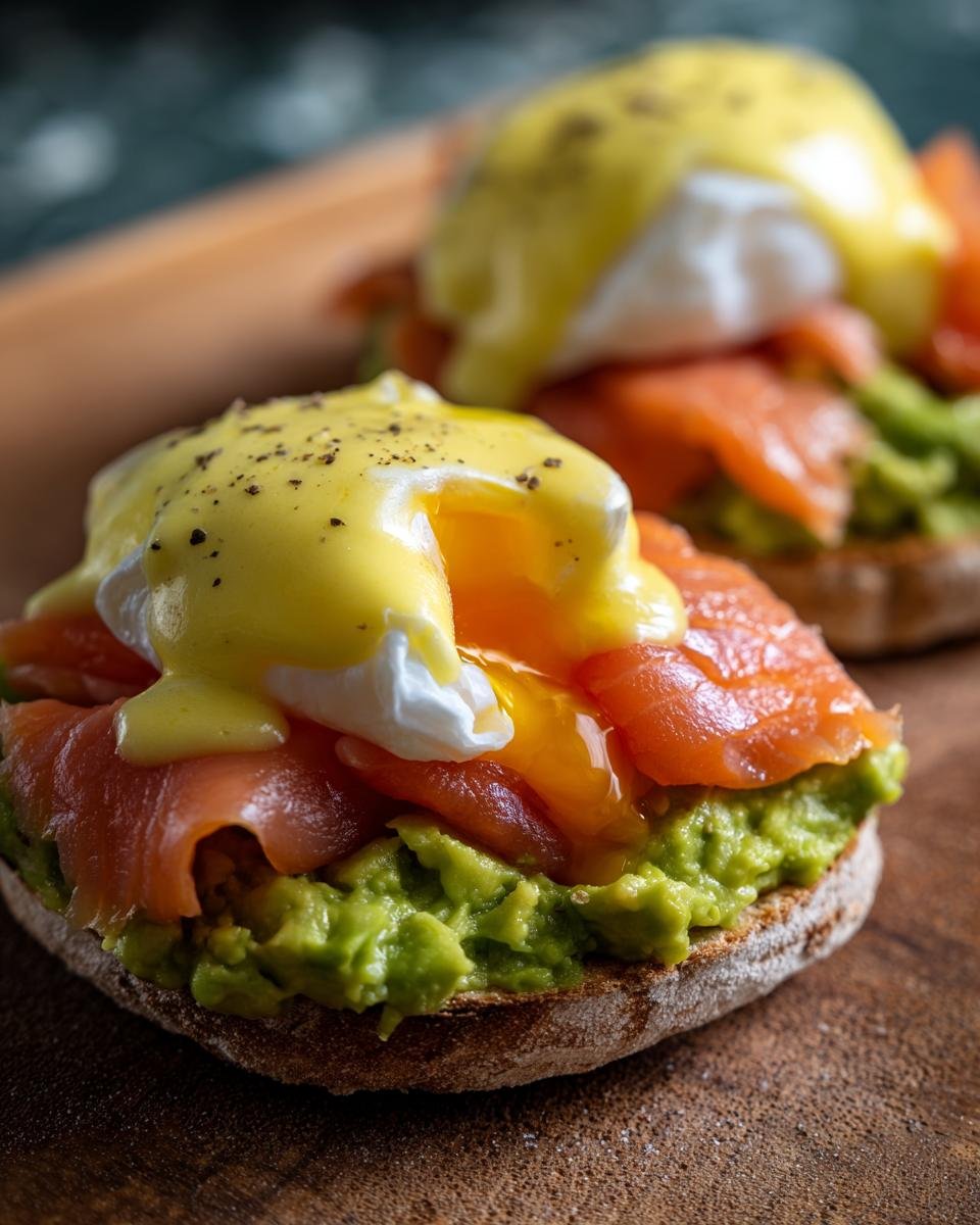 Close-up of Smoked Salmon And Avocado Eggs Royale featuring a runny poached egg and hollandaise sauce.