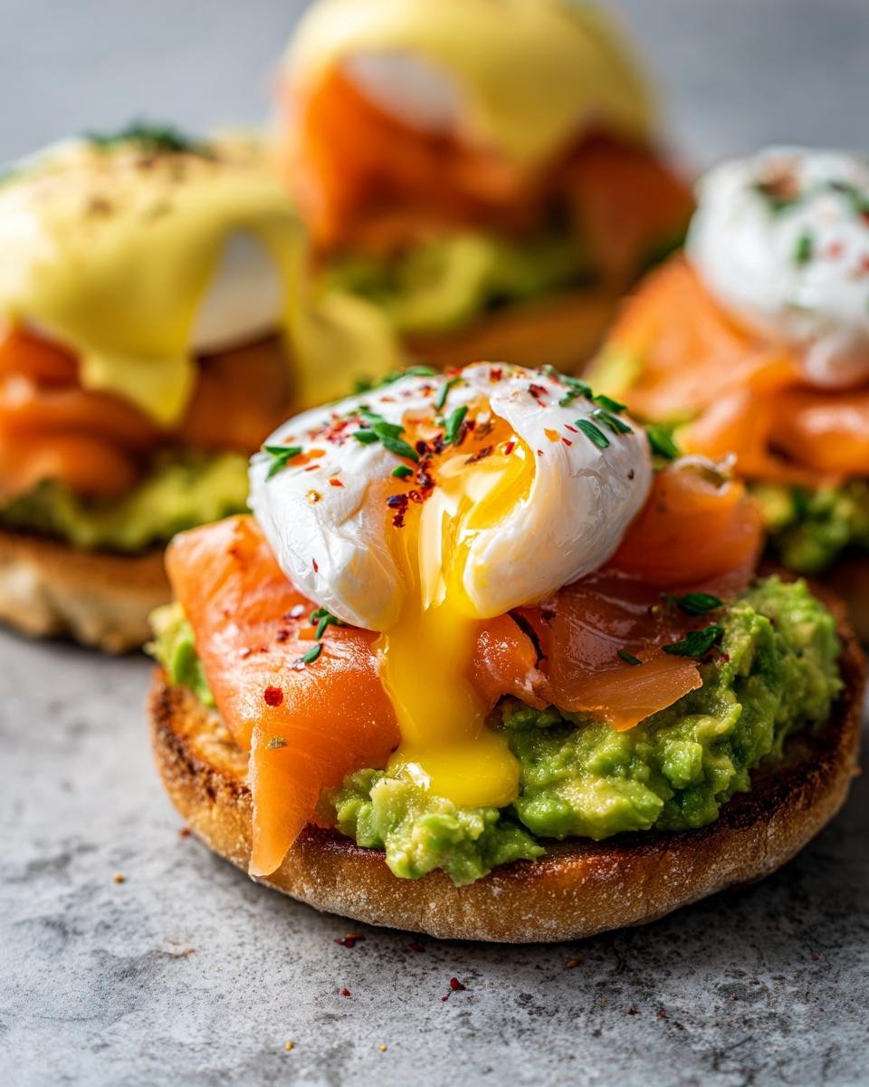 Close-up of Smoked Salmon And Avocado Eggs Royale with runny yolk spilling onto toast.