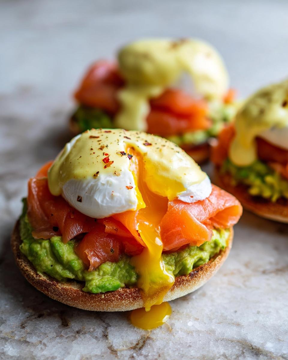 Close-up of Smoked Salmon And Avocado Eggs Royale with a perfectly poached egg yolk running down.