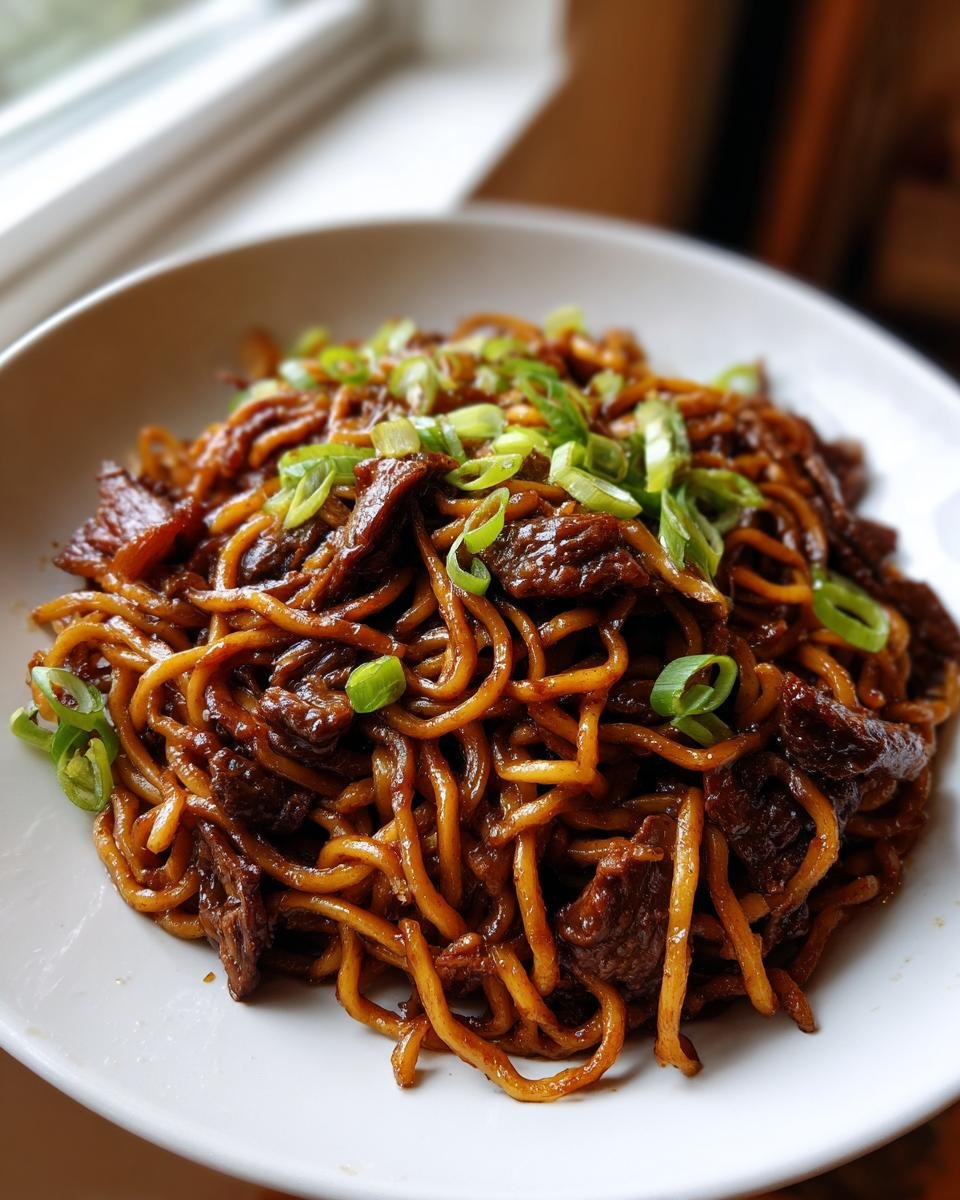 A white bowl filled with glossy, dark brown Sticky Beef Noodles topped with freshly sliced green onions.