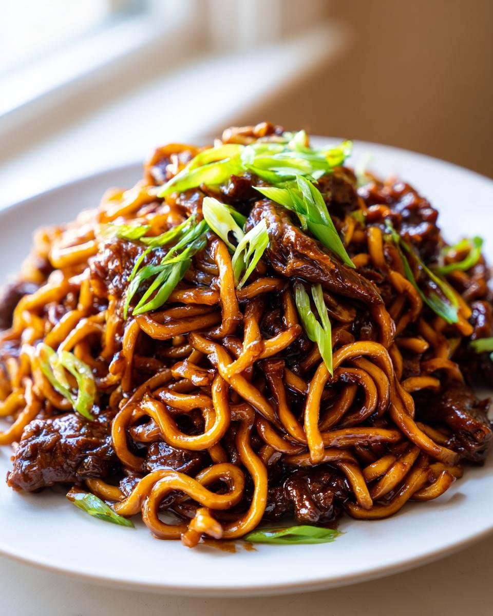 A close-up of a mound of glossy Sticky Beef Noodles coated in dark sauce, topped with fresh green onions.