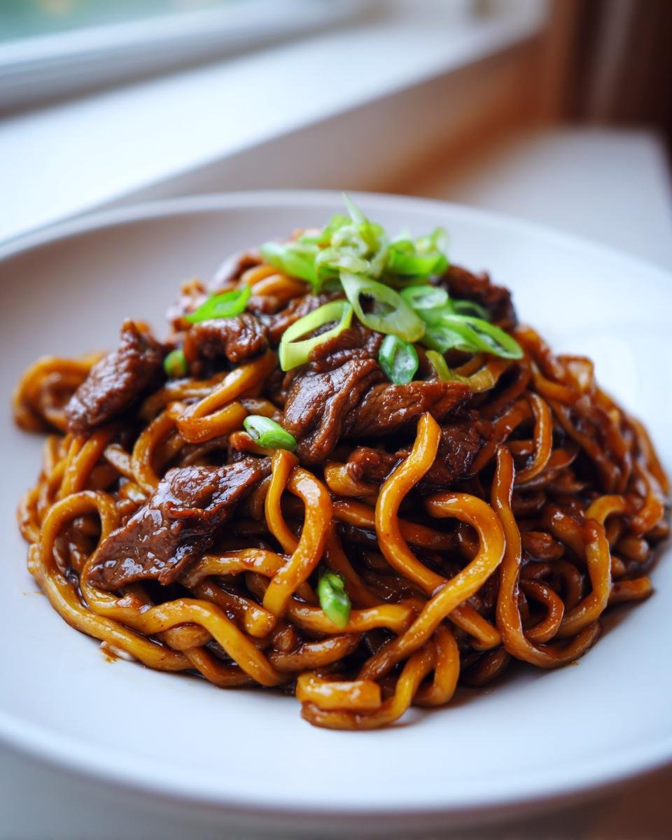 A close-up of glossy Sticky Beef Noodles tossed with tender beef pieces and topped with fresh green scallions.