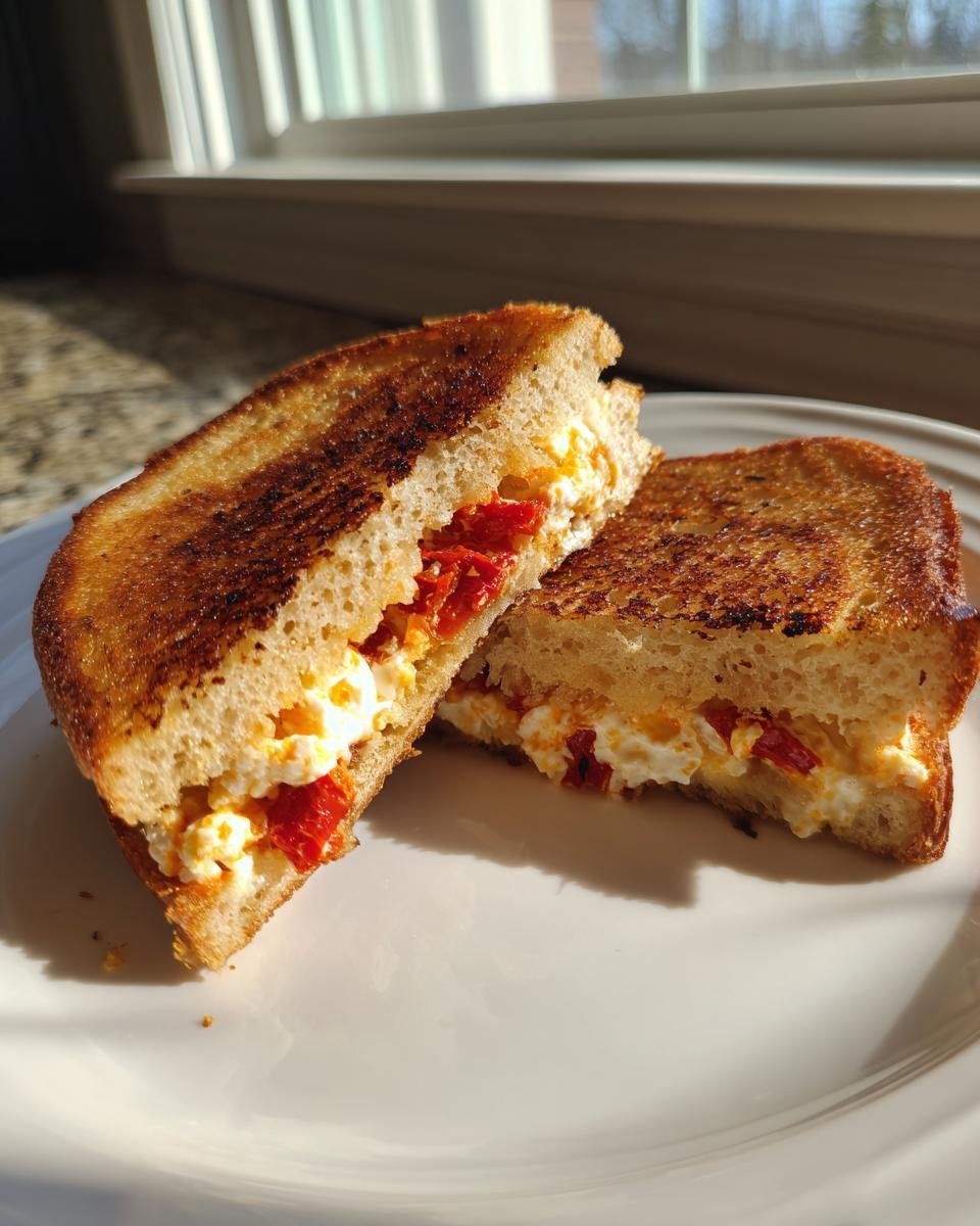 Two halves of golden brown Sun Dried Tomato And Feta Stuffed French Toast showing the creamy white feta and red tomato filling.