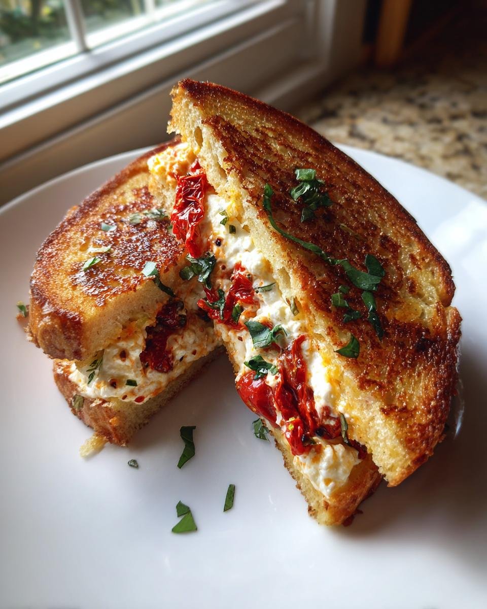 Two halves of golden-brown Sun Dried Tomato And Feta Stuffed French Toast, revealing a creamy filling.