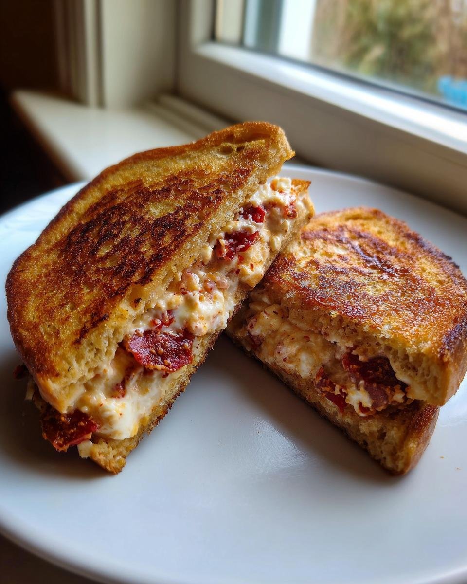 Two halves of golden brown Sun Dried Tomato And Feta Stuffed French Toast showing creamy filling.
