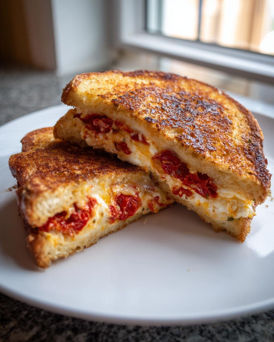 Two halves of golden brown Sun Dried Tomato And Feta Stuffed French Toast stacked on a white plate.